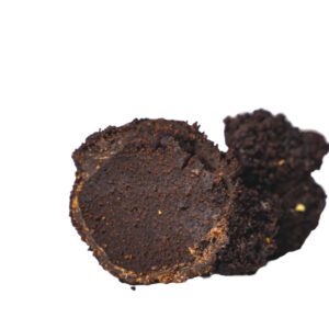 A decadent chocolate cake ball, filled with rich chocolate frosting and dark chocolate chips, then dipped in a smooth dark chocolate coating.
