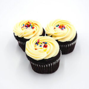 Chocolate cupcakes topped with vanilla frosting and rainbow sprinkles