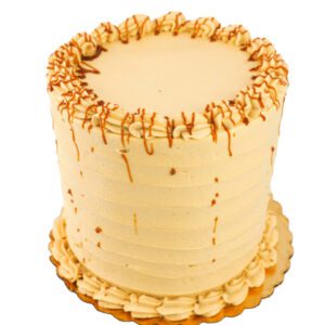 Our vanilla bean cake, generously filled with salted caramel, offers a harmonious blend of flavors. Topped with caramel frosting and a drizzle of rich caramel, this cake is an irresistible indulgence.